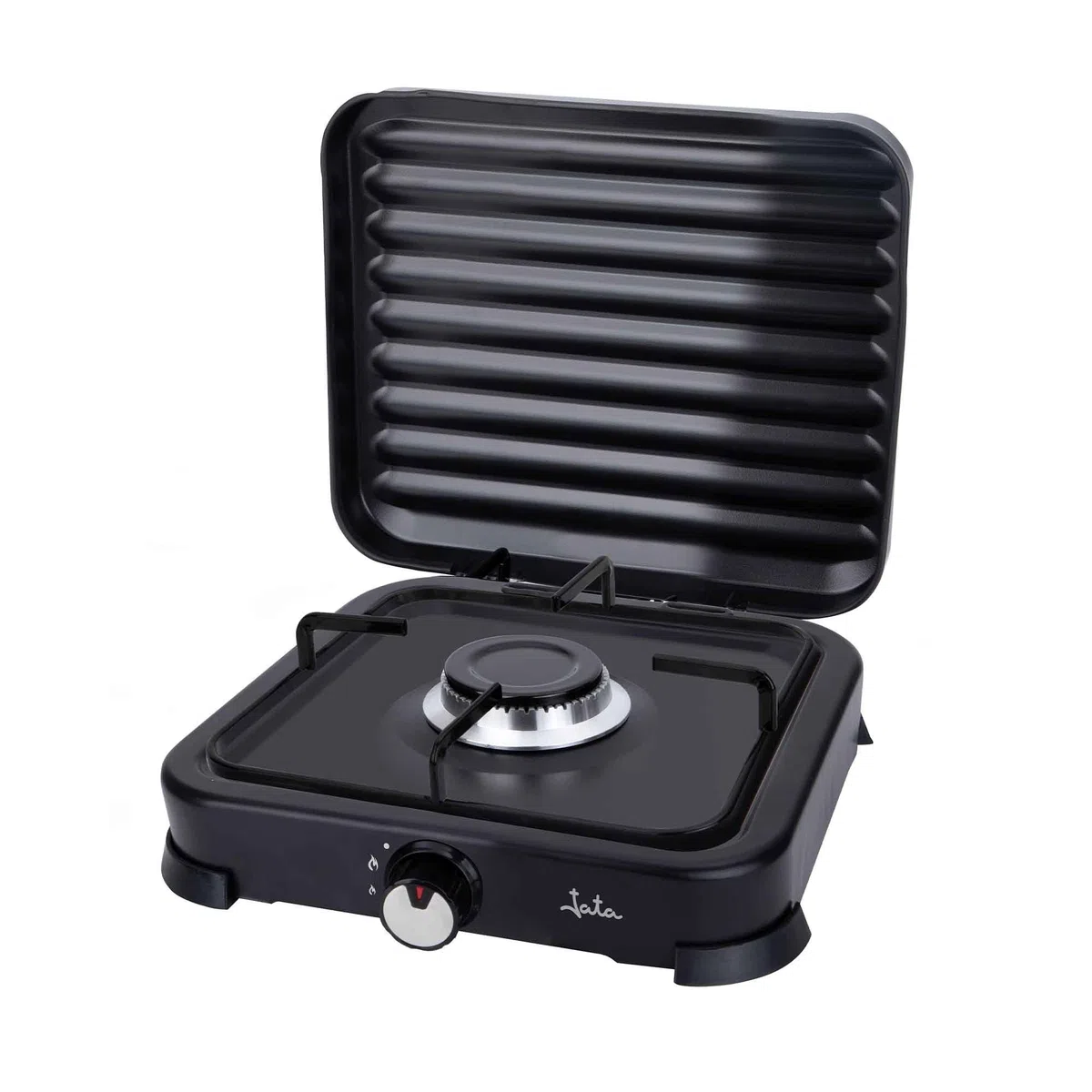 JATA JECG2721 Réchaud à gaz portable à 1 feu avec grill pour butane et propane, couvercle de protection amovible, idéal pour le camping, prend peu de place