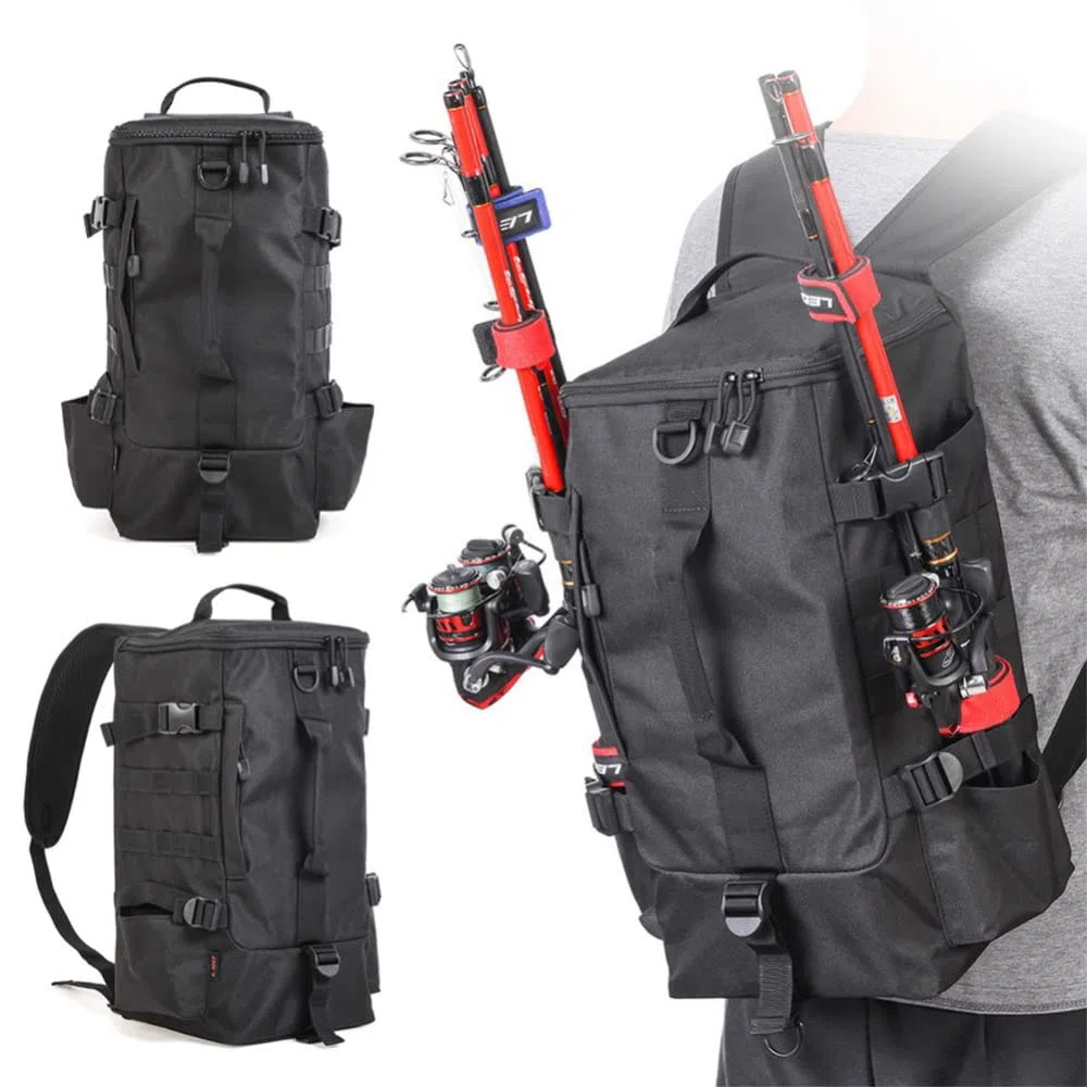 Sac à dos de pêche, 2 supports de canne à pêche, sac à dos sans 4 boîtes, grand sac de rangement de 17,4 l pour matériel de pêche, pêche à la truite, camping, randonnée, noir