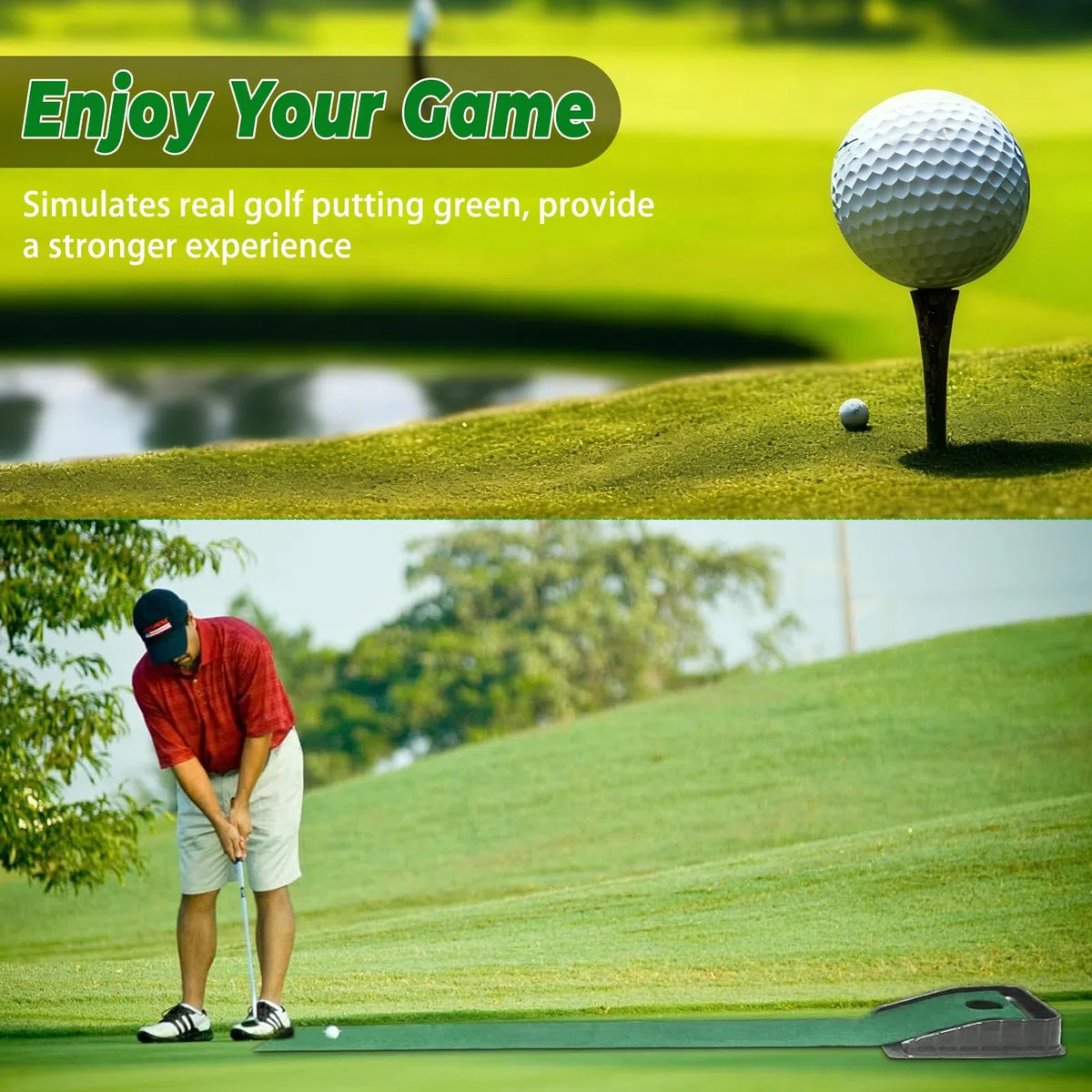 Tapis de golf avec retour automatique de balle, tapis d'entraînement vert de 220 cm avec surface en velours lisse – Aide à l'entraînement portable pour la maison et le bureau, tapis d'entraînement
