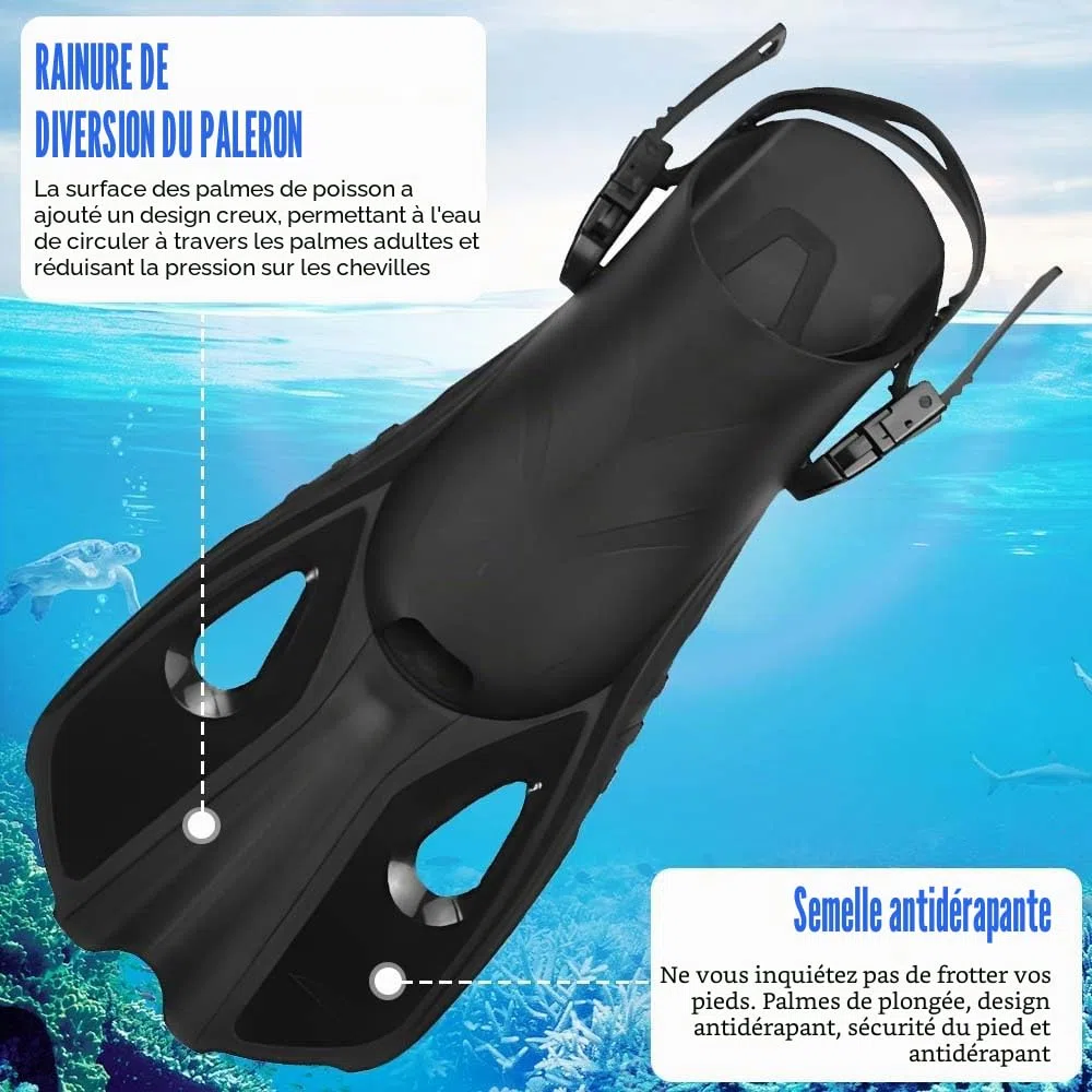 Palmes de plongée réglables Taille 42-47 Courte Réglable pour la plongée avec tuba Adulte Hommes Femmes L/XL