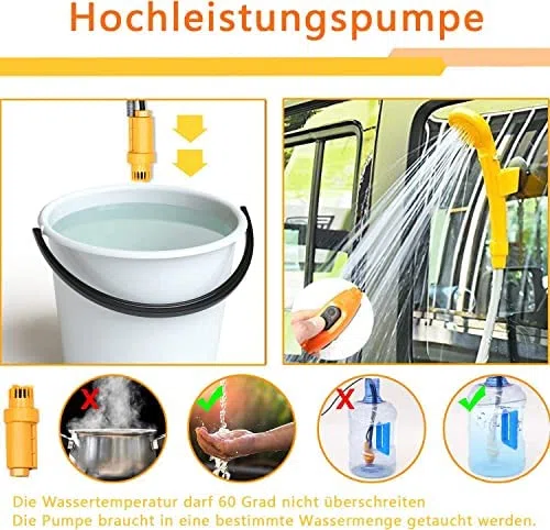 LARS360 Kit de douche de camping – Utilisation extérieure et intérieure – Douche de camping – Tuyau de douche de 2 m avec pompe pour jardin