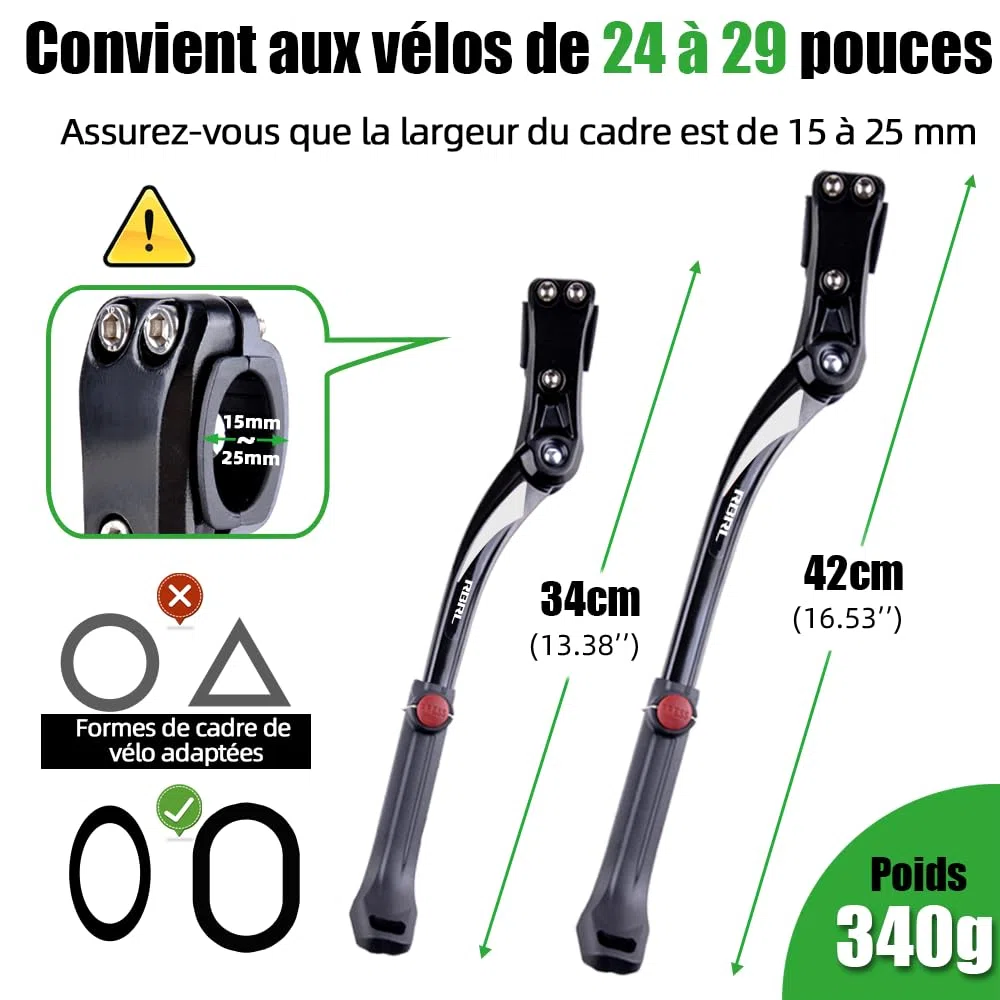 Béquille de vélo en alliage, réglable en hauteur pour vélo de montagne/vélo de route de 61 à 73,7 cm