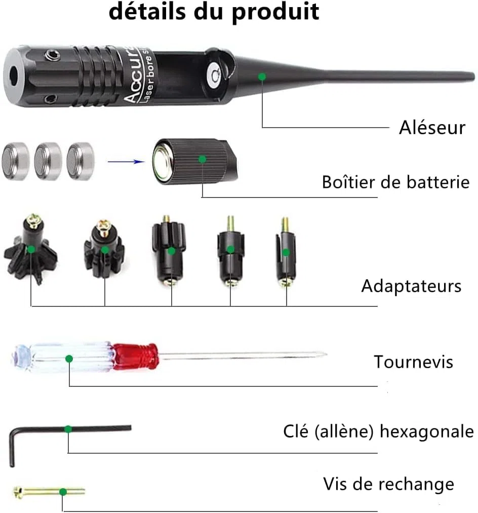 KinZon Viseur Laser Professionnel Rouge - Compatible Calibres .22 à .50 & 9mm | Kit d'Alignement Haute Précision pour Fusils, Pistolets et Airsoft | Réglage Optique sans Tir | 5 Adaptateurs