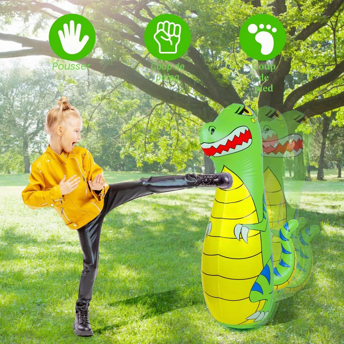 Sac de Frappe Enfant 120cm Gonflable Dinosaure Sac de Boxe avec Matériau Plus Épais et Sûr Rebond Instantané avec Gants de Boxe Karaté Taekwondo Cadeau pour Enfants 3-9 Ans Filles Garçons