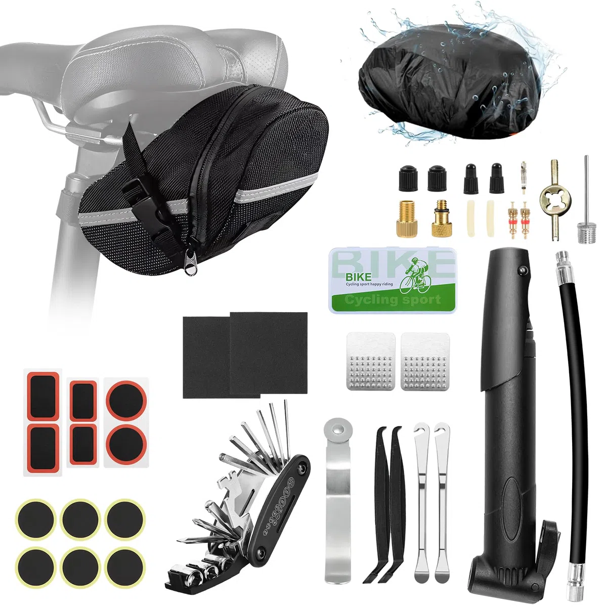 Kit de réparation de vélo Oziral multifonction 16-en-1 Kit Crevaison Velo accessoires VTT avec un couvercle étanche mini pompe 12 rustines pour pneus avec adhésif, rangement pratique pour accessoires