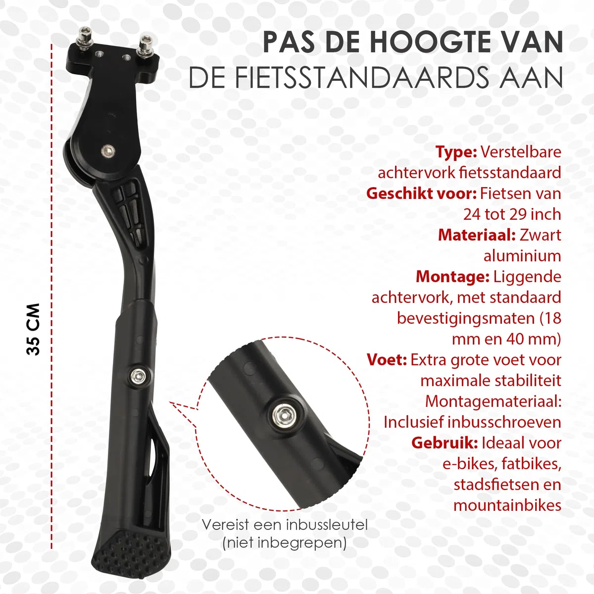 Béquille Vélo E-Bike & Fat Bike - Fourche Arrière Réglable Standard 24-29 Pouces | Béquille Latérale avec Pied Extra Large | Convient aux Vélos Électriques, VTT & Fatbikes (18-40mm)