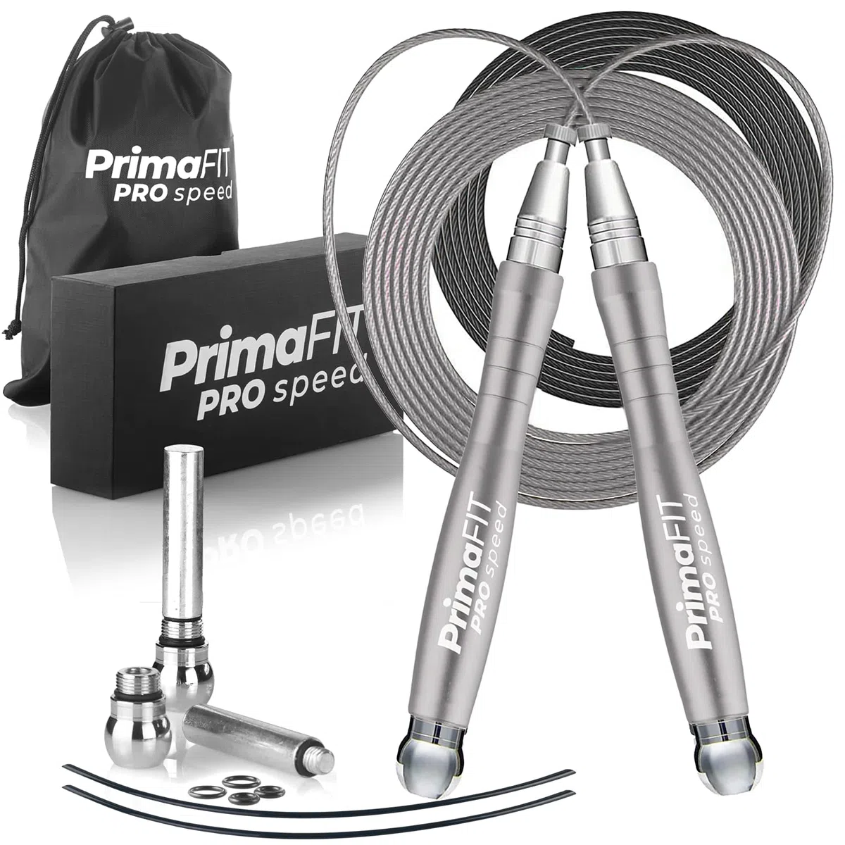 PrimaFIT Pro Speed Corde à Sauter Crossfit Adulte Lestée Jump Rope pour Sport Homme y Femme, Fitness Musculation, Boxe, Aluminum, Réglable, Vitesse Roulements à Billes,2 Acier Câble de Rechange/Poids