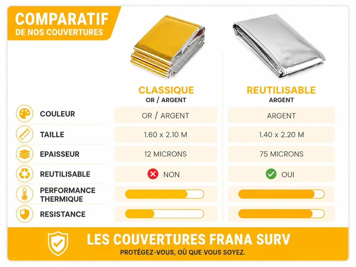 Lot de 3 Couvertures de Survie Isothermiques Made in France – Or/Argent – 210 x 160 cm – Protection Froid et Chaleur – Randonnée, Secours, Trail, Camping, Urgence