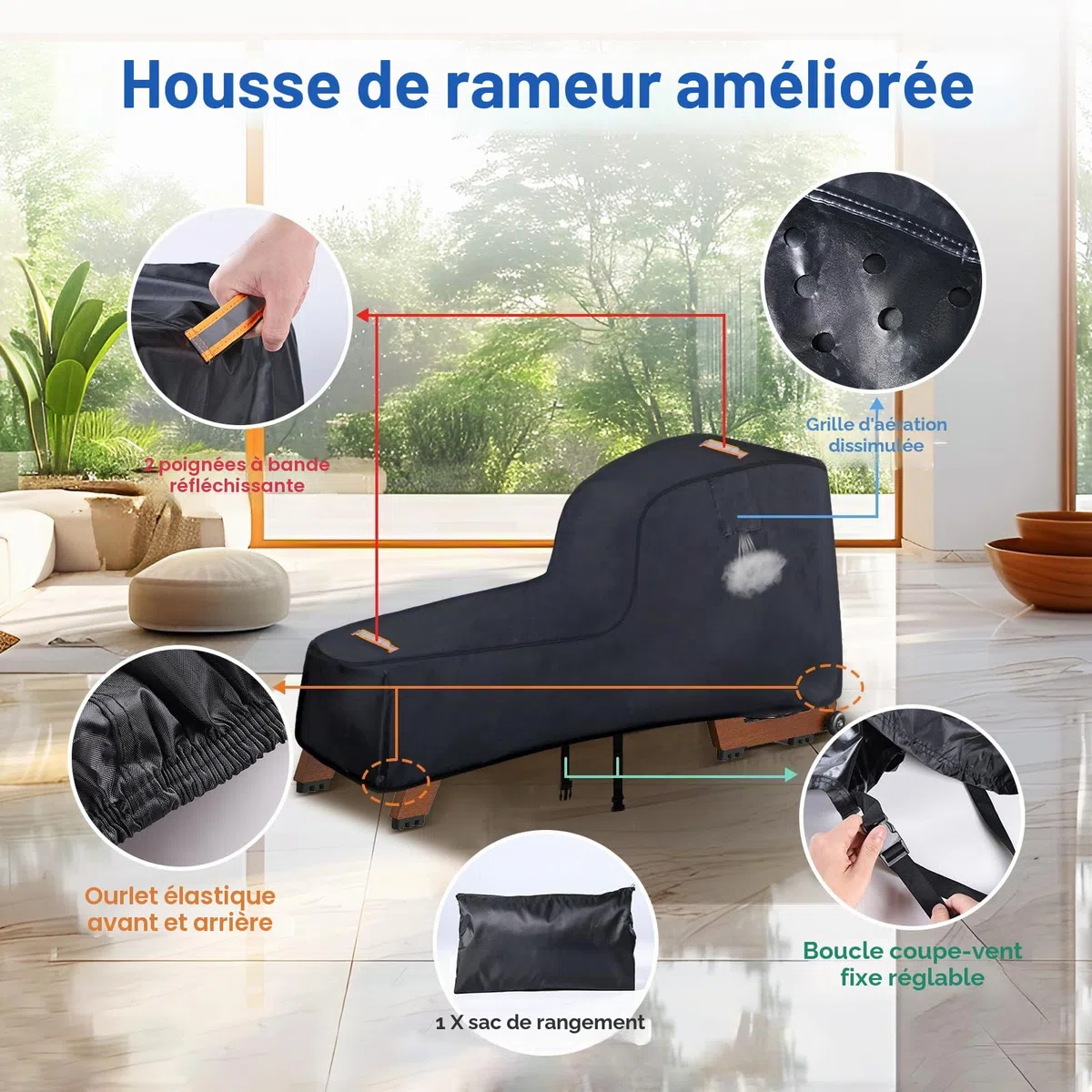 Housse de rameur, 420D robuste pour équipement de fitness Concept 2, imperméable, coupe-vent, 2 poignées, accessoires inclus