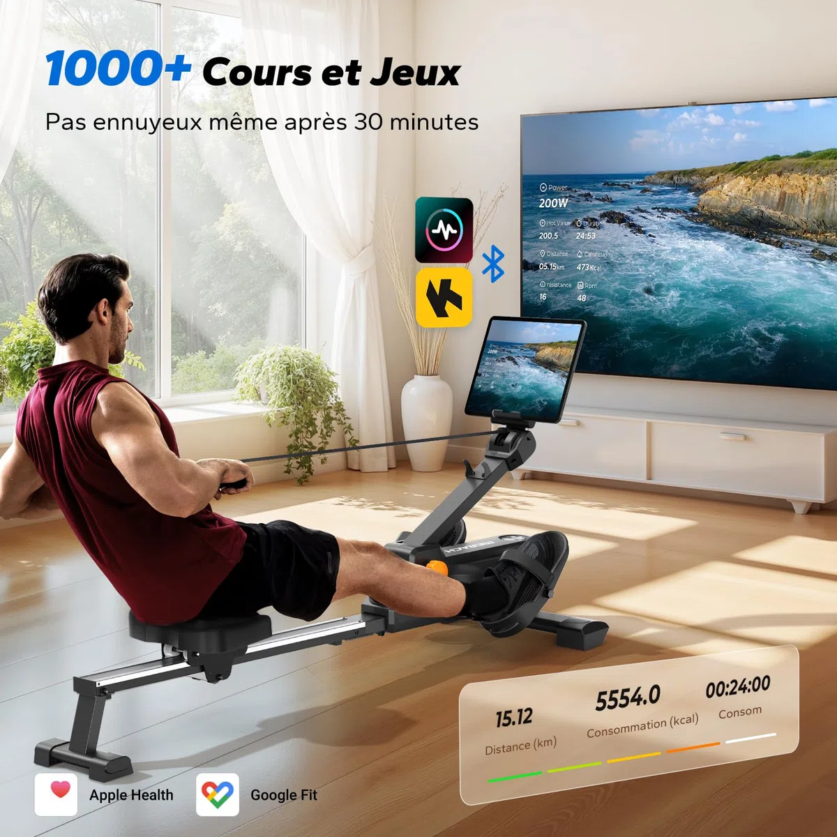 MERACH Rameur D'appartement avec Carte Interactive Exclusive de l' APP et Jeux, Apparence Semblable à Un Requin, Expérience de Rame Intense, Gain de Place, Adapté à L'entraînement du Corps Entier