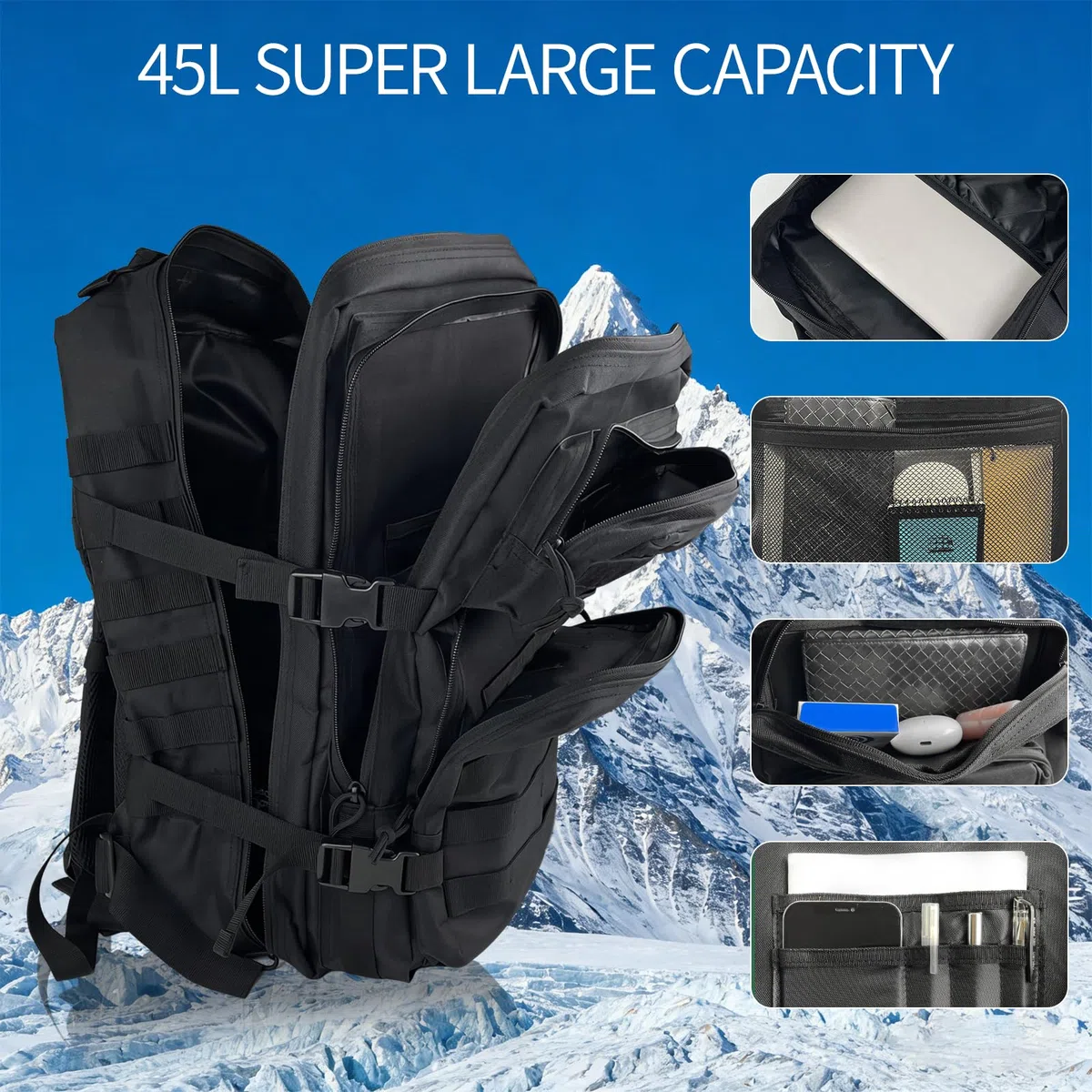 Sac à Dos Militaire de Grand Volume, 45L, Molle Etanche Grand Pack d'assaut, Sac Tactique Homme et Femme, Sac à Dos Résistant, pour Trekking, Randonnée, Pêche, Alpinisme, Noir