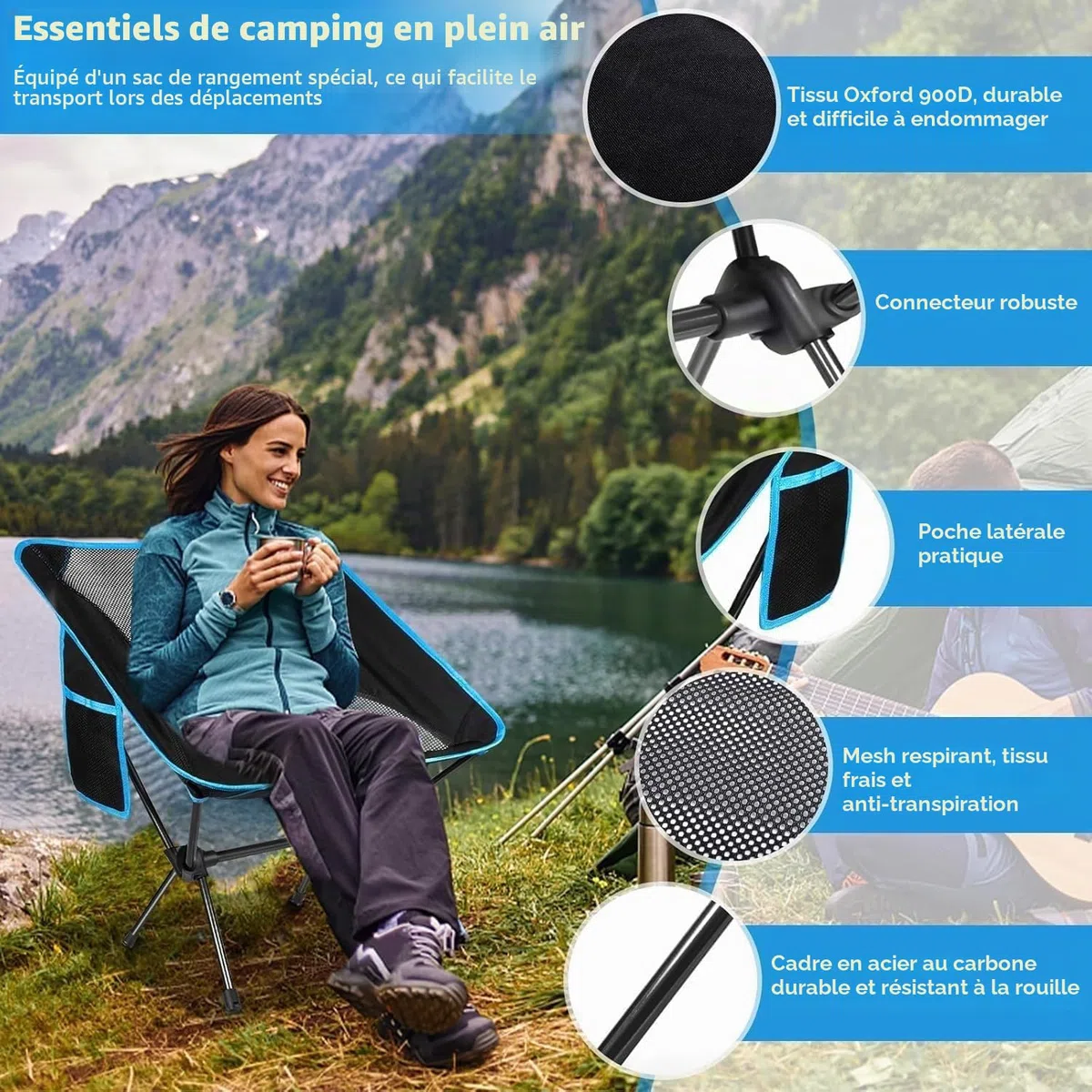 Chaise de Camping Pliable, Chaise Pliante Portable Légère avec Sac de Transport, Charge Maximale 120kg, Ultra Légère Chaise de Plage Pliable pour Les Voyages, Randonnée, Camping, Pique-Nique
