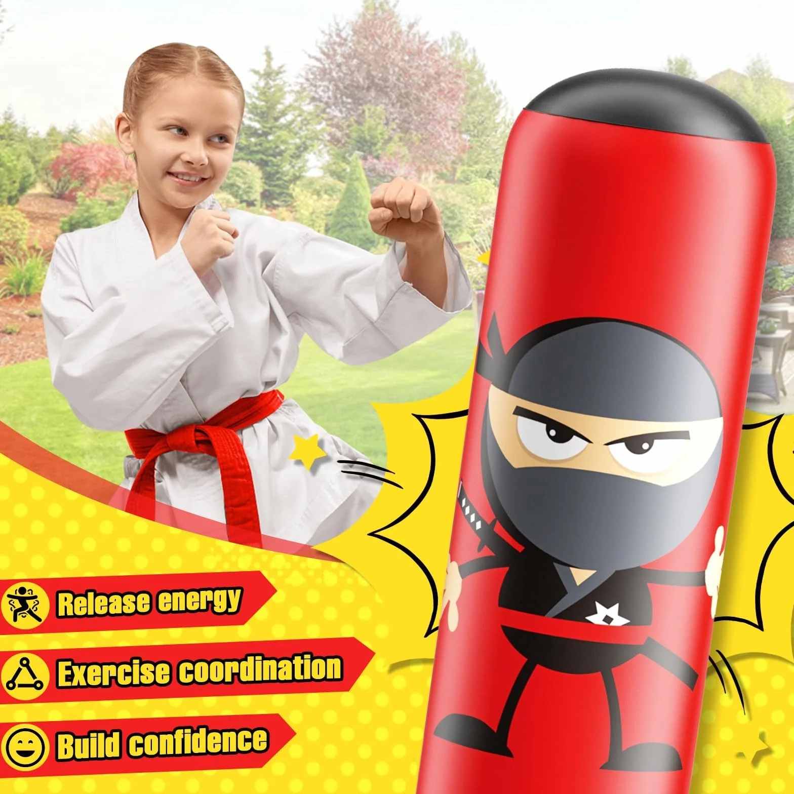 Punching Ball Enfants Sac de Boxe Gonflable Enfant 160cm avec Pompe à air Sac de Frappe Enfant sur Pied Sac de Frappe sur Pied pour Boxe, Kickboxing, Karaté et Soulagement du Stress.