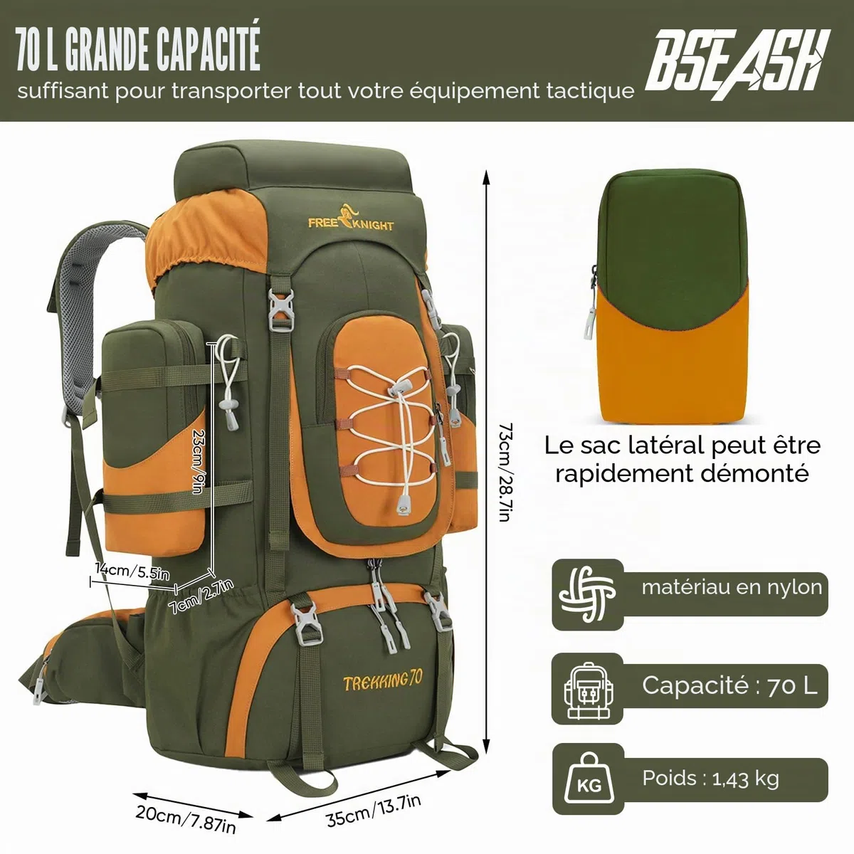 Bseash Sac à dos imperméable de 70 L (65 + 5) avec housse de pluie, sac à dos de randonnée pour sports de plein air, voyage, escalade, randonnée