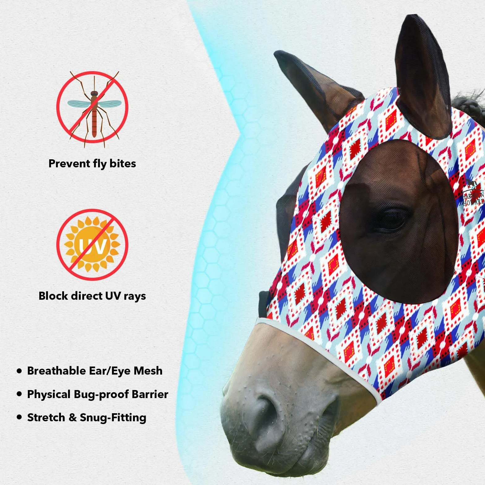 Harrison Howard Masque Anti-Mouches élastique pour Cheval - Confort Exceptionnel avec Protection UV - Masque Standard pour Cheval - Tribal Abstrait