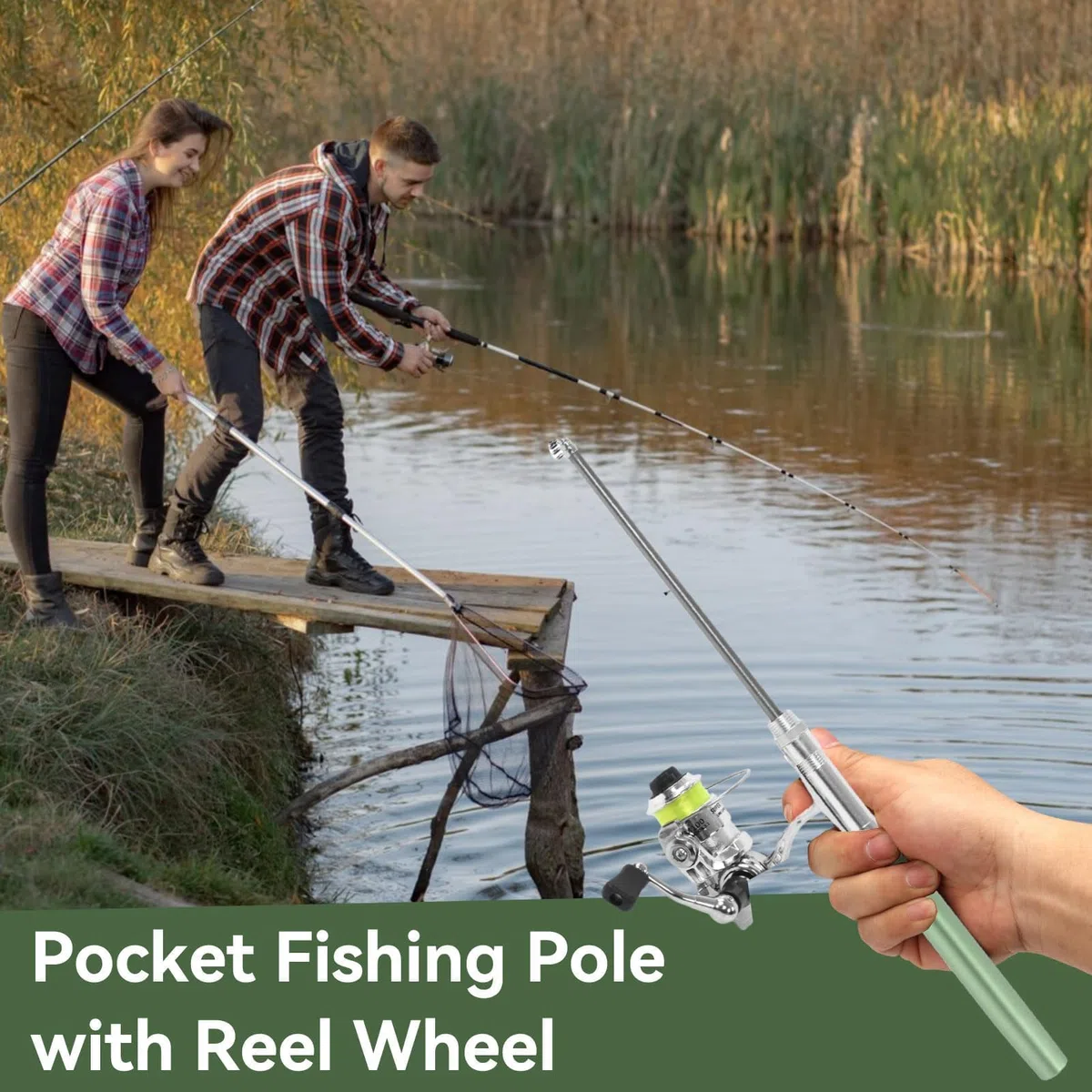Mini canne à pêche en forme de stylo et moulinet, canne à pêche rétractable portable en forme de stylo avec roue à moulinet pour la pêche (vert)