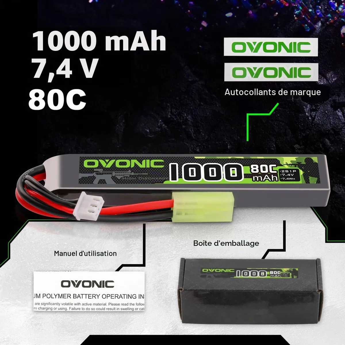 OVONIC Lot de 2 batteries Lipo 2S 7,4 V 80 C 1000 mAh Airsoft Lipo avec mini prise TMY pour pistolets Airsoft