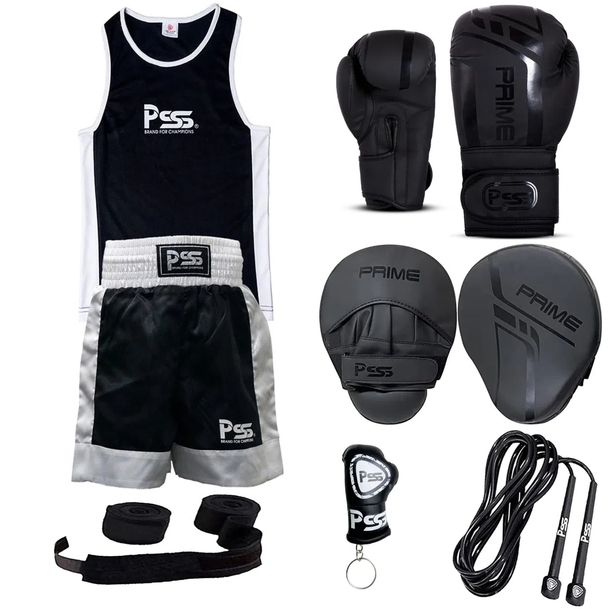 PSS Ensemble Boxe Enfants 3-14 Ans 6 Pièces Short & Débardeur + Gants Boxe Enfants 6Oz + 2 Pattes d’Ours + Accessoires Ensemble Boxe Enfant Muay Thai Kickboxing Boxe Anglaise Française Noir