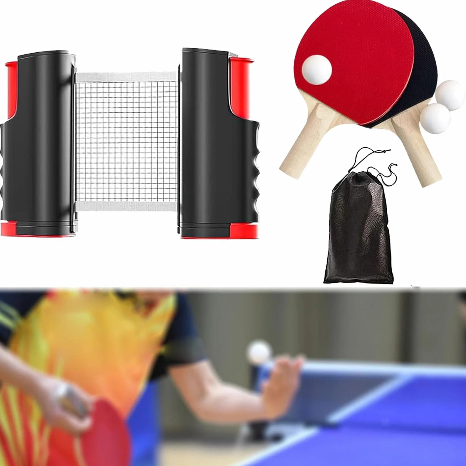 Set de Tennis de Table, Ping Pong Kit, Ensemble de Raquettes de Ping-Pong, avec 2 Raquette de ping-Pong+3 Balles+1 Rétractable Filet Ping Pong pour Table+1 Sac de Transport