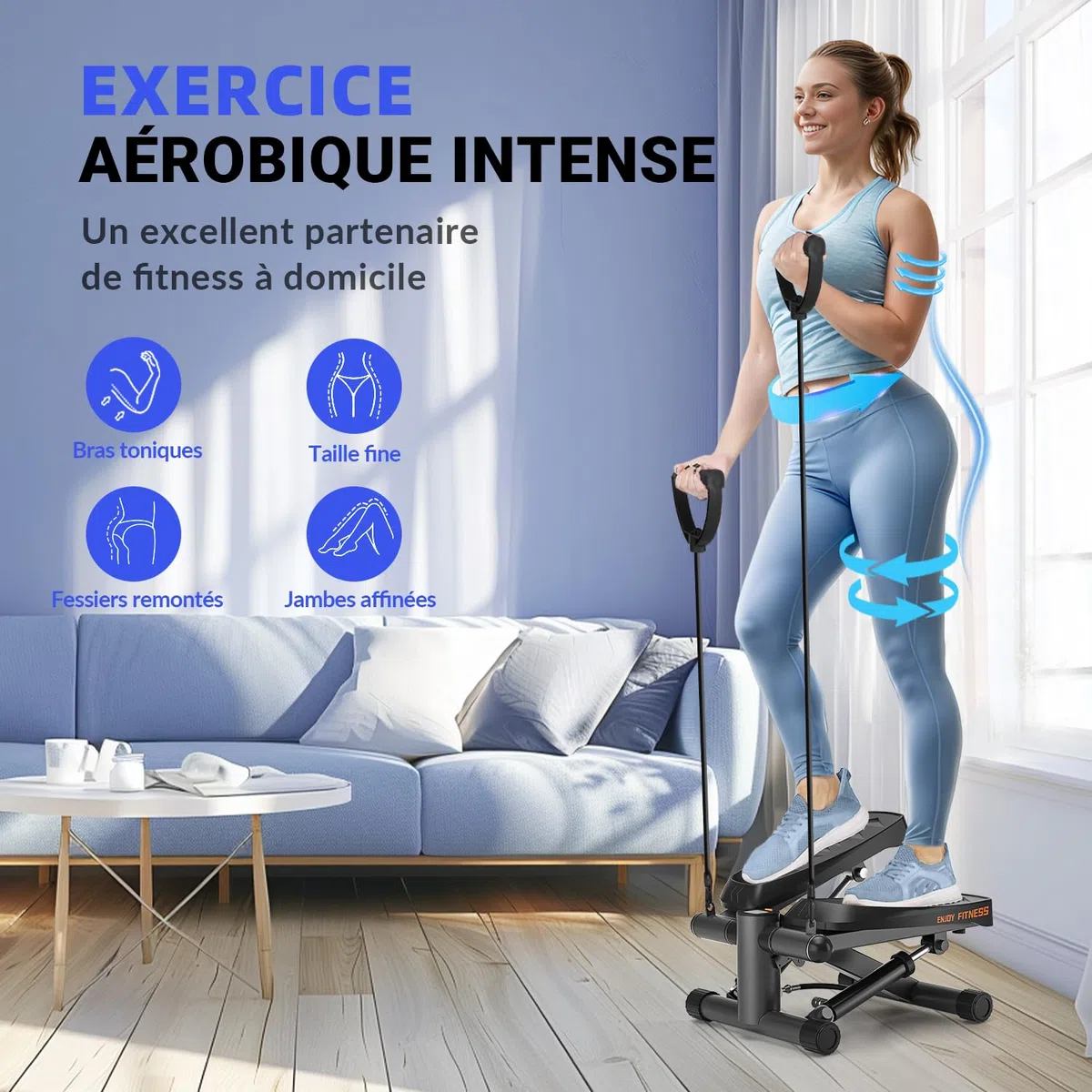 Vannect Stepper 2 en 1 Avec Cordes Élastiques, 16 Niveaux de Résistance, Mini Stepper d'Appartement, Écran Multifonctions, Fitness Pour la Maison, Idéal Pour Jambes, Bras, Fesses, Jusqu'à 150Kg