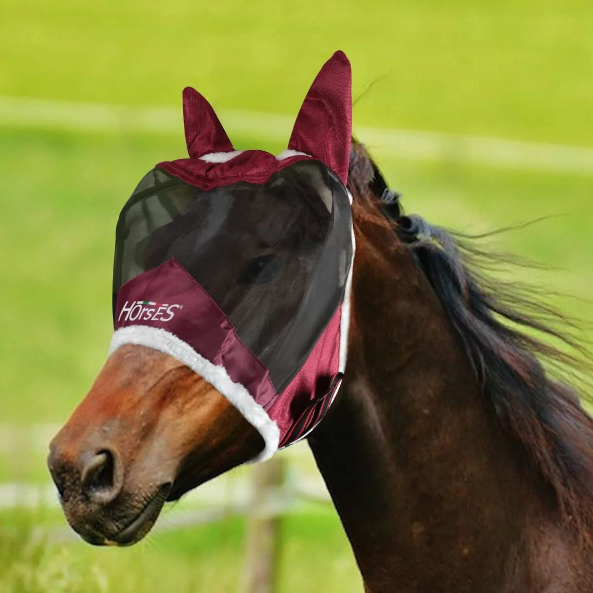 Masque Anti-Mouches Fly Shield Pro, Léger et Respirant, N'Obstrue Pas Le Champ de Vision du Cheval, Protection des Yeux et des Oreilles (XL, Bordeaux)
