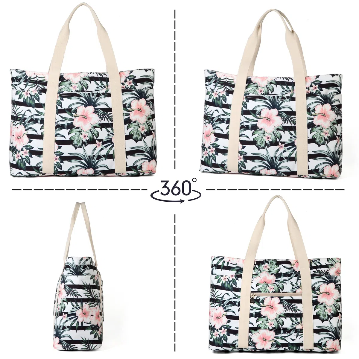 Grand Sac de Plage Zippé Makukke, Shopper à Bandoulière pour Femmes en Toile, pour Excursions d'une Journée ou Festivals, 55 x 36 x 20 cm