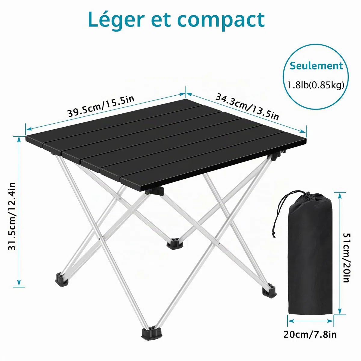 LIANTRAL Table de Camping Portable, Table Pliante d'extérieur légère, Petite Table de Pique-Nique compacte en Aluminium avec Sac de Transport pour Camping, Pique-Nique, Barbecue, randonnée, pêche
