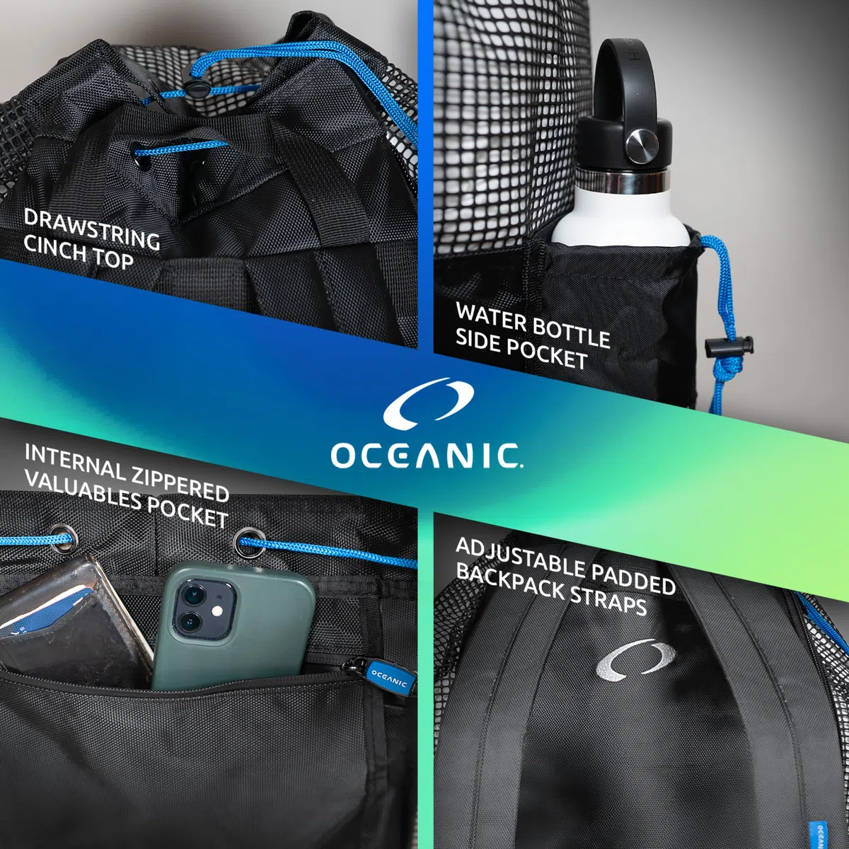 Oceanic Sac de plongée avec tuba, sac de plongée XL en maille, léger, séchage rapide, sangles rembourrées, poche intérieure, idéal pour la plongée avec tuba, équipement de plage et sports de plein air