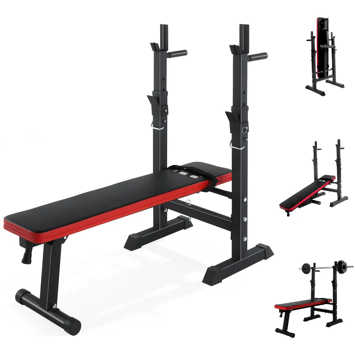 ISE Banc de Musculation Pliable, Banc Musculation Complet Réglable avec Support de Barres pour Haltère et Station à Dips, Bancs de Musculation Réglables, Rack Musculation Homme Sport Maison