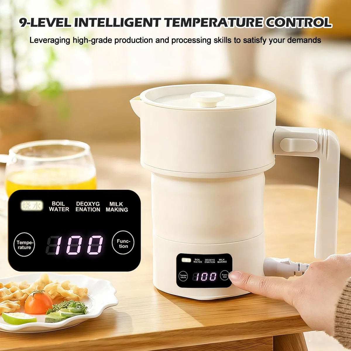 Bouilloire de Voyage Pliable 600ml, Bouilloire Portable, Mini Bouilloire Électrique avec 9 Niveaux de Température, en Acier Inoxydable et Silicone, Silencieuse et Sûre pour les Voyages et le Bureau