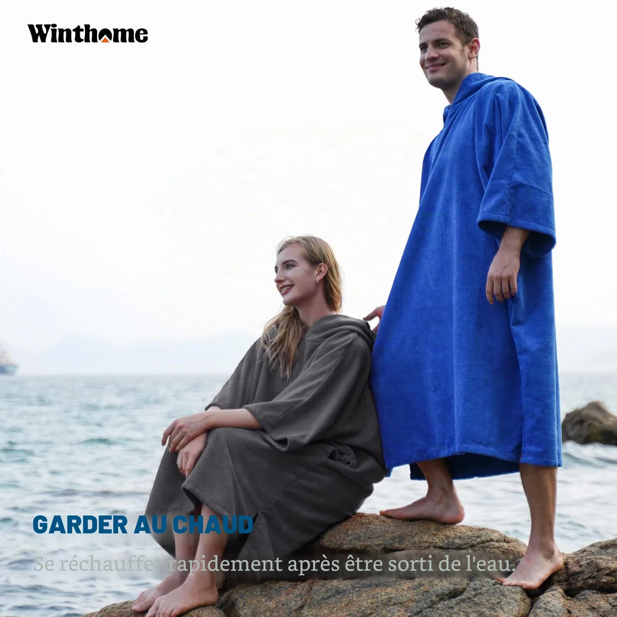 Winthome Poncho Absorbant Chaud, Peignoir de Bain Aidez la Plage à Changer, Serviette de Poncho avec Poche et Capuche, Poncho Surf pour Adulte Femme Homme Natation Surf Plages Douche Sauna