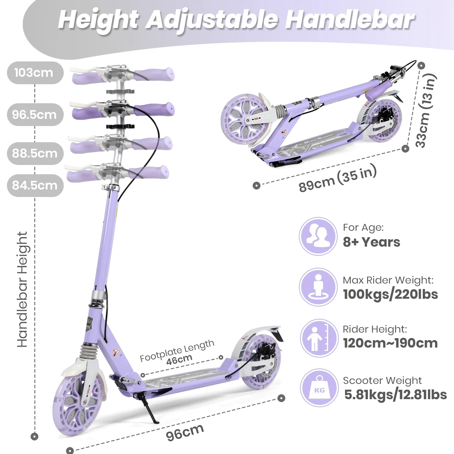 Trottinette Pliable pour Enfants âgés de 8 à 12 Ans, Grandes Roues de 200 mm pour Adultes avec Freins à Disque, Trottinette pour Adultes avec Sangle de Transport et Hauteur réglable pour Adolescents