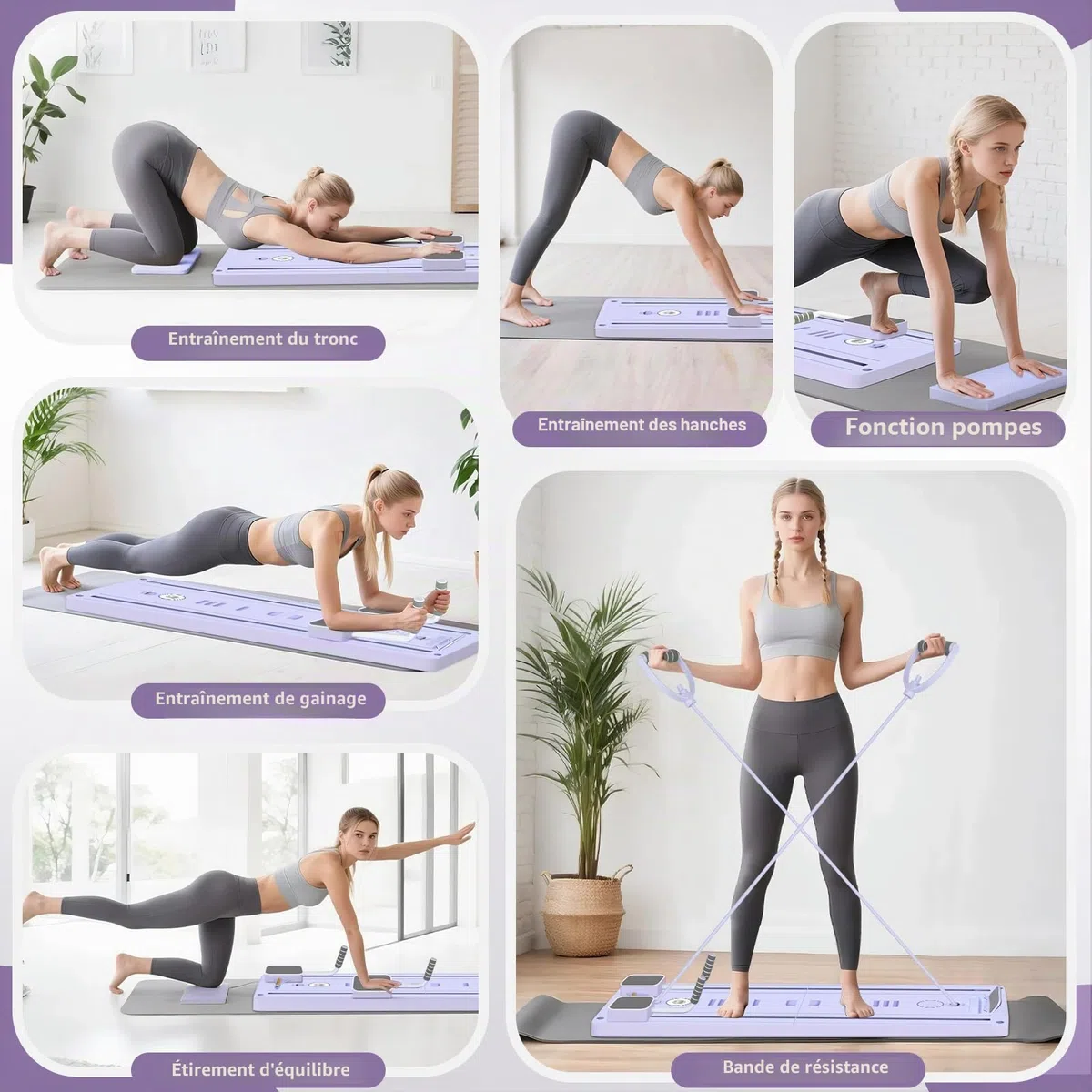 Reformer Pilates Portable - Entraîneur Abdos/Core avec Rouleau Auto-Rebond, Bandes de Résistance & Planche Réglable - Fitness Domicile