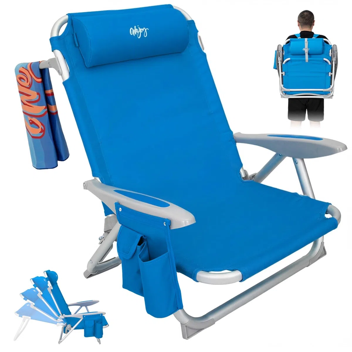 #WEJOY Chaise de Plage Pliable Fauteuil de Plage Camping à 4 Position Réglable Siege de Plage Pliante Portable Chaise Basse de Camping en Aluminium Charge 120 kg pour Voyage Pique-Nique Jardin
