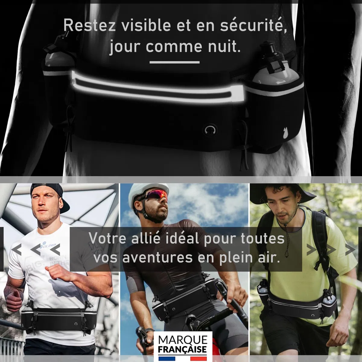 Ceinture Hydratation Running Noir +2 Gourdes 175ml incluses ✮Marque Francaise✮ Fluorescent Homme Femme Sac Banane Trail Footing Accessoire ✯Garantie À Vie✯ Porte-bidons Course Porte Gourde, Téléphone
