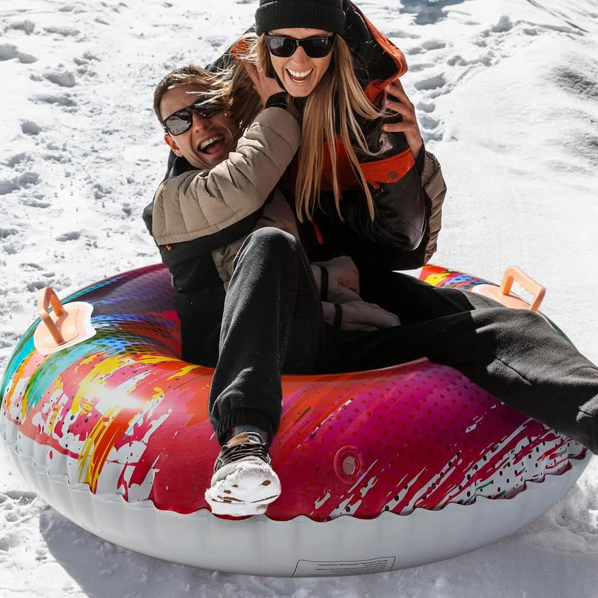 Luge gonflable avec poignées, tube de luge coloré, snowboard gonflable lumineux avec poignée, design anti-basculement, 85 x 85 cm, pour plusieurs personnes et plaisir de luge d'hiver