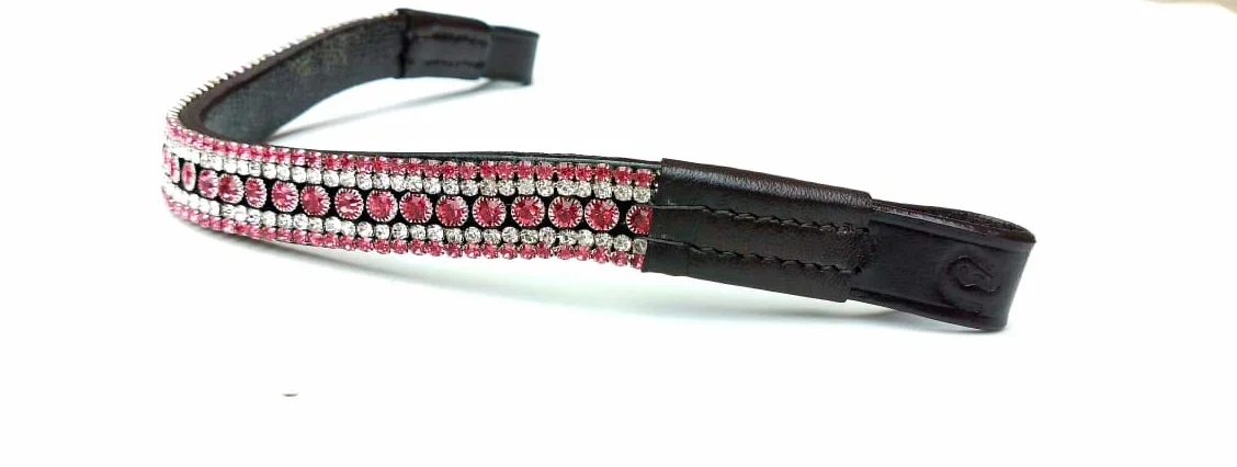 Frontal à 5 rangées de strass en forme de courbe Rose (Cob, cuir noir)