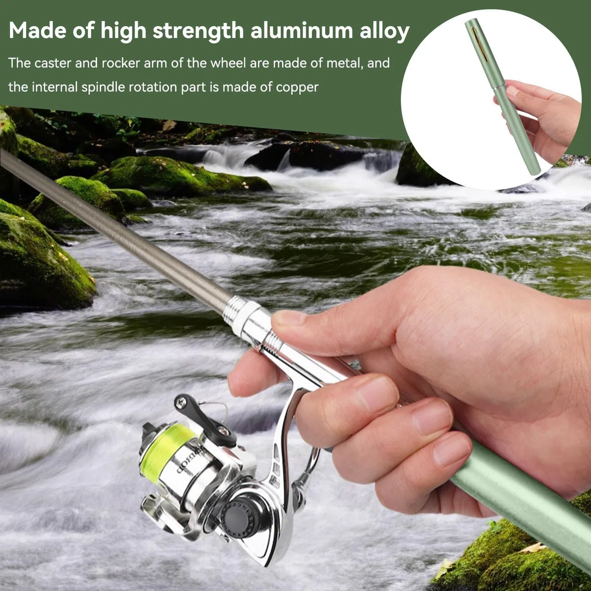Mini canne à pêche en forme de stylo et moulinet, canne à pêche rétractable portable en forme de stylo avec roue à moulinet pour la pêche (vert)