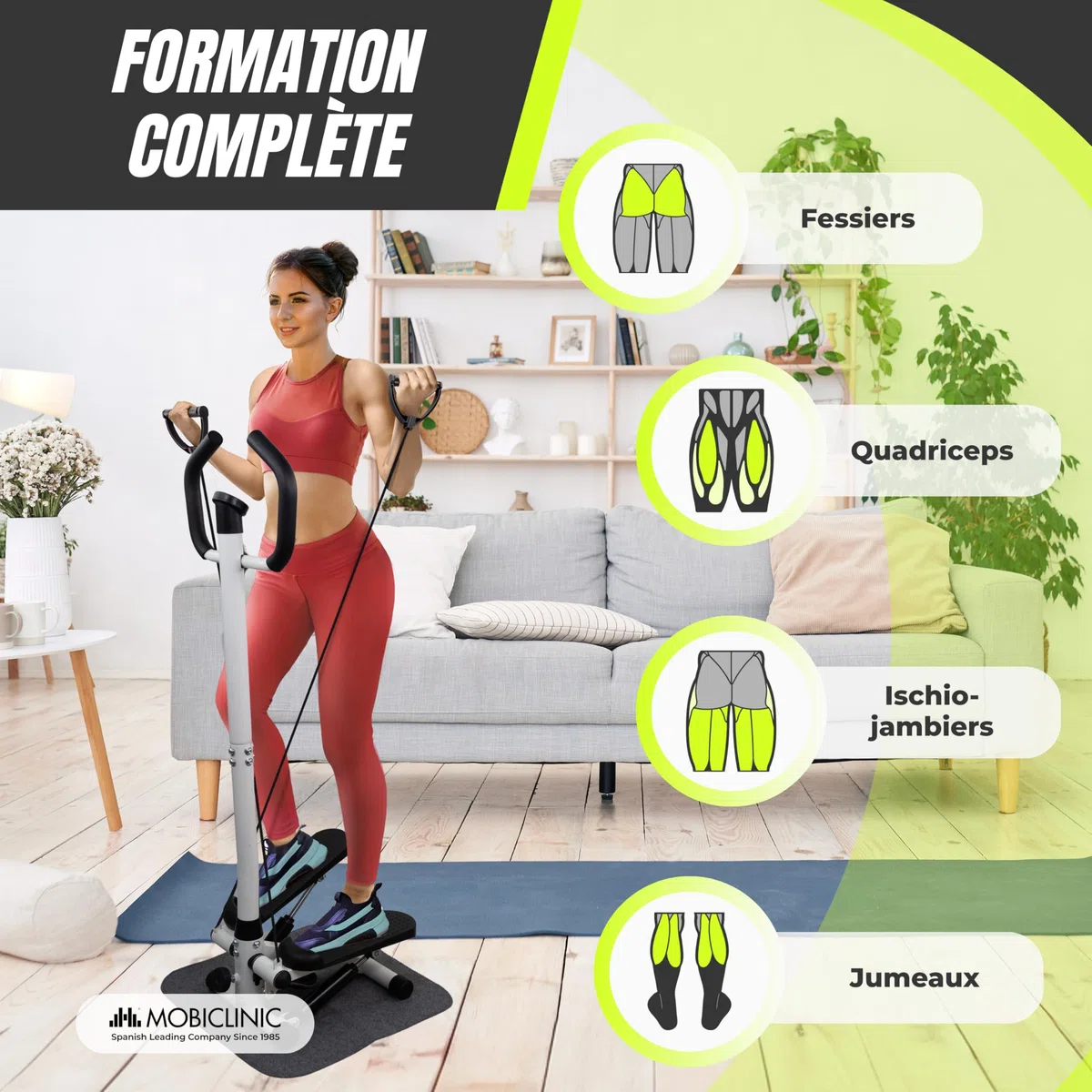 Mobiclinic®, Stepper avec Guidon, Hauteur Réglable, Écran LCD, Intensité Réglable, Pédales Antidérapantes, Appareil Pas à Pas, Compact, Exercice à Domicile, Step-Pro
