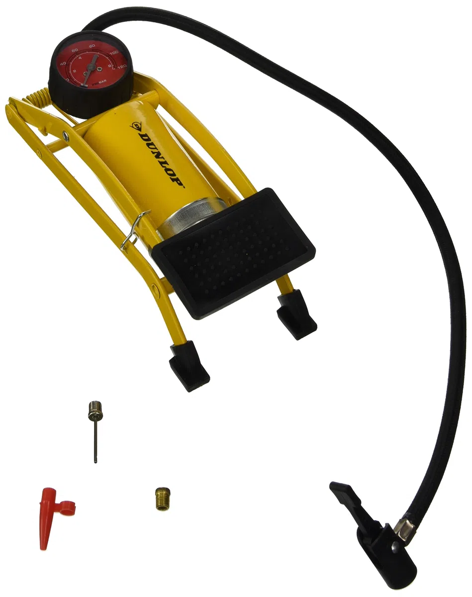 Dunlop Pompe à Pied Bar/PSI - Pompe à Air avec Manomètre - Pompe Velo Max. 7Bar/100PSI - INCL. Boîte de Rangement en Plastique Dur - Différentes Valves - Métal - Jaune/Noir
