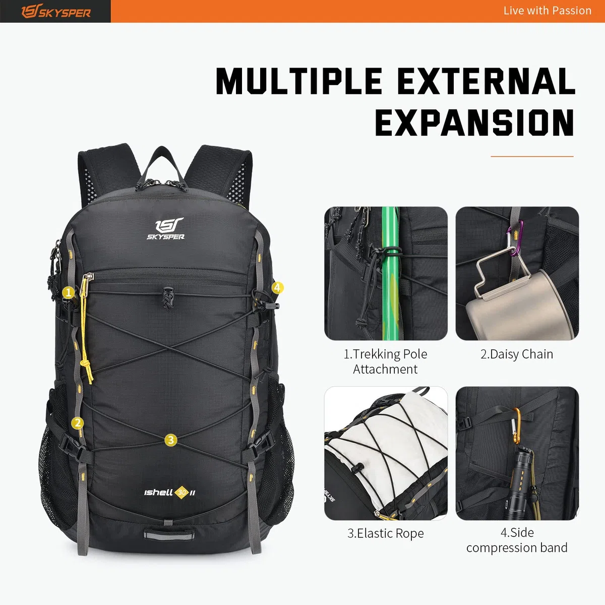 SKYSPER Sac à Dos 30L pour Femme et Homme Ultra Léger Sac à Dos de Randonnée Camping Résistant Sac à Dos Loisir Unisexe Sac à Dos Voyage Sports de Plein Air