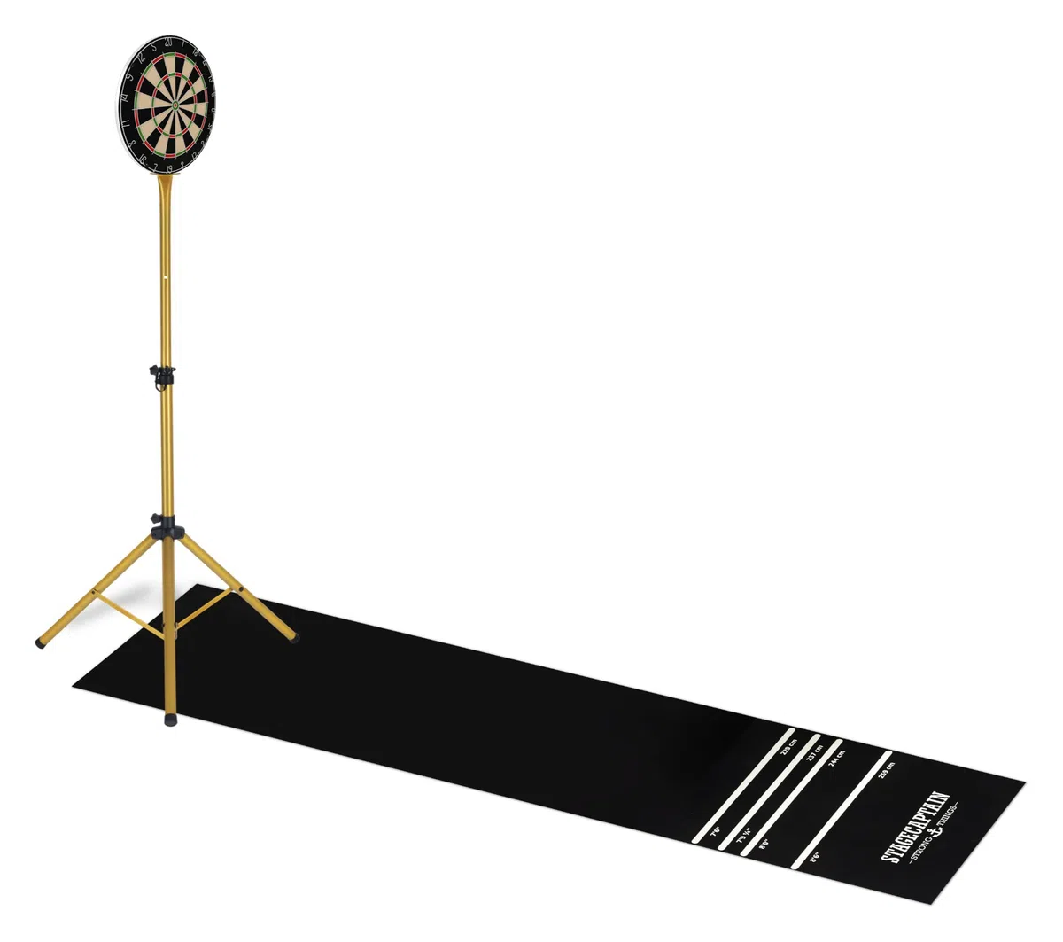 Stagecaptain DBS-1715 Bullseye Pro Cible de Fléchettes Complète - Steeldarts en Sisal, Tapis Caoutchouc, Support réglable, 6 fléchettes, 4 Sets de Flights - Or.