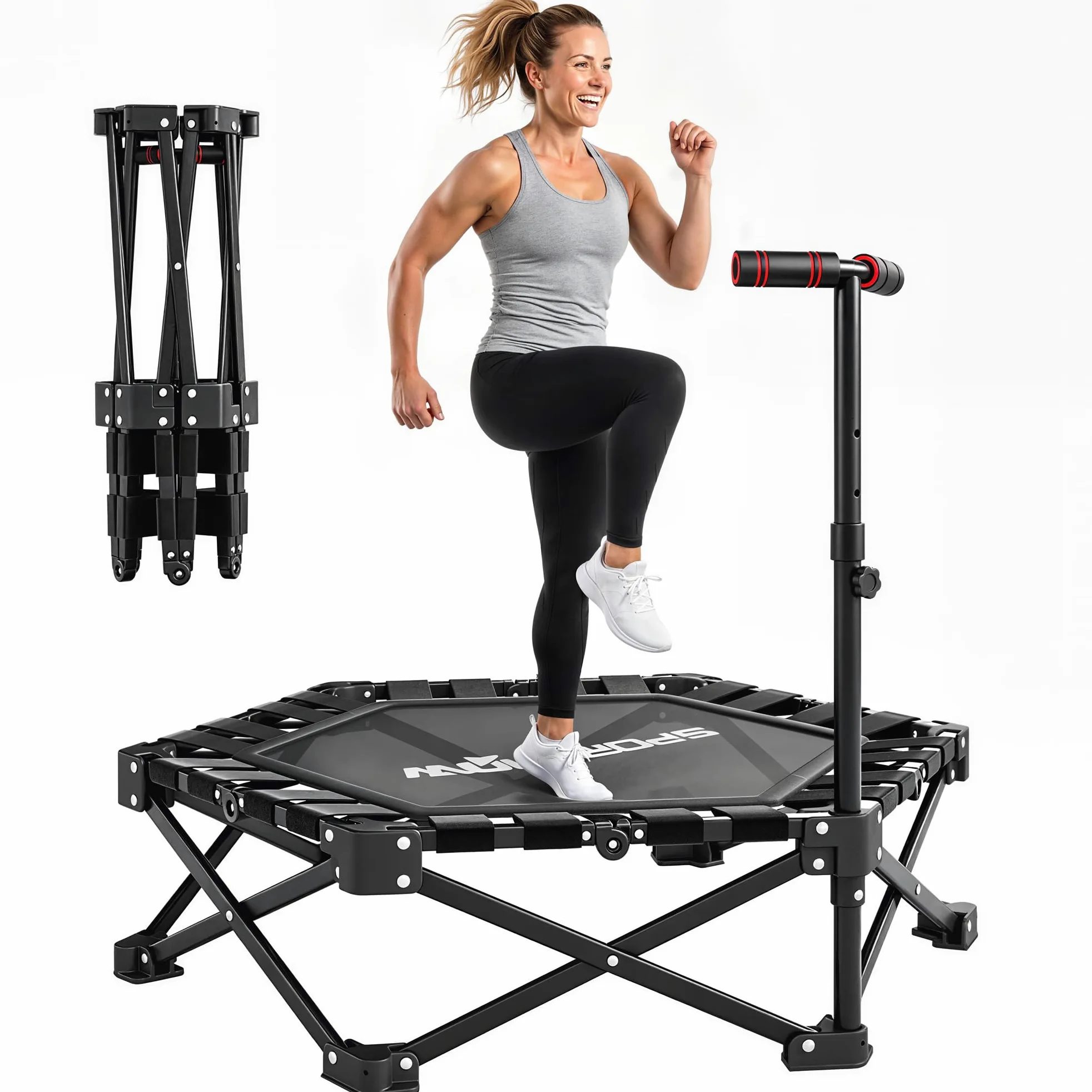 SPORTNOW Trampoline de fitness pliable - Ø104 cm - Mini trampoline avec mécanisme de pliage rapide - Poignée réglable en hauteur 3 positions - Sac de transport - Trampoline silencieux pour intérieur