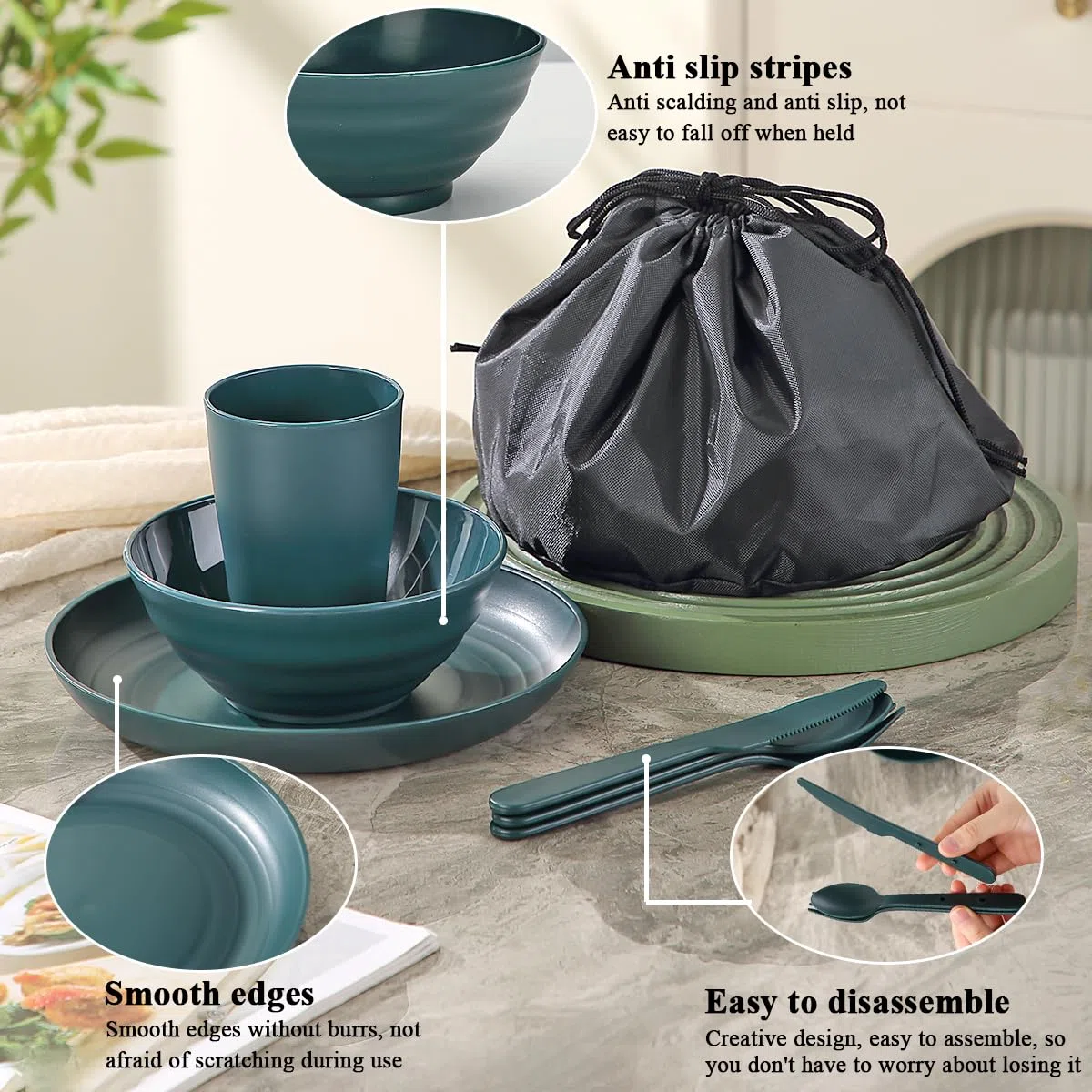 Ustensiles de Camping pour 2 avec Bol, Assiette, Tasse, cuillère, Fourchette, Couteau et Sac de Transport, Accessoires de Camping en Plastique Équipement Essentiel pour Voyage, Pique-