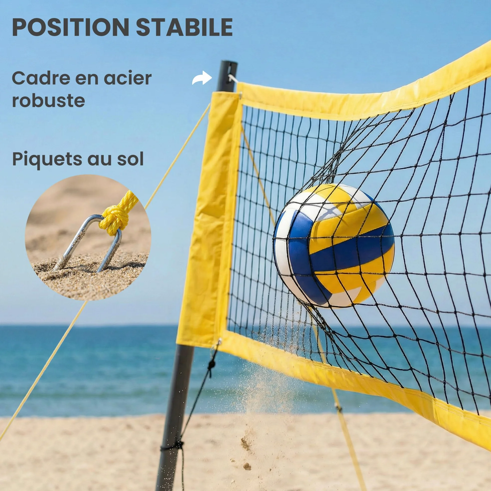 SPORTNOW Ensemble de Volley-Ball et Badminton, Poteaux en Acier Hauteur Réglable, Ballon de Volley-Ball, Filet Badminton Portable, 4 Raquettes, 4 Volants, Sac de Transport, pour Pelouse Plage Jardin