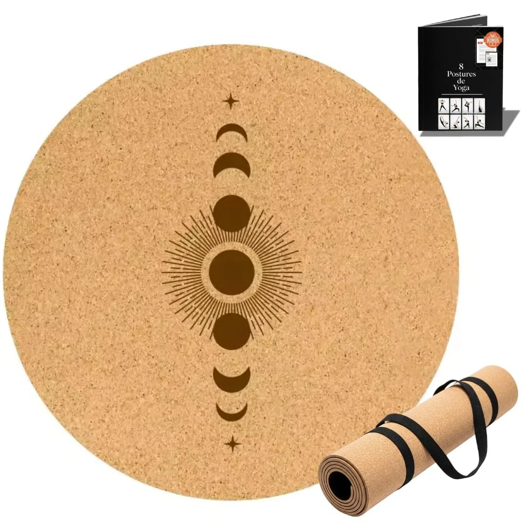 Tapis de yoga rond en liège naturel – 68 cm, 5 mm épaisseur – Antidérapant, écologique et confortable – Base en caoutchouc naturel – Motif gravé au laser – Idéal pour yoga, méditation, pilates
