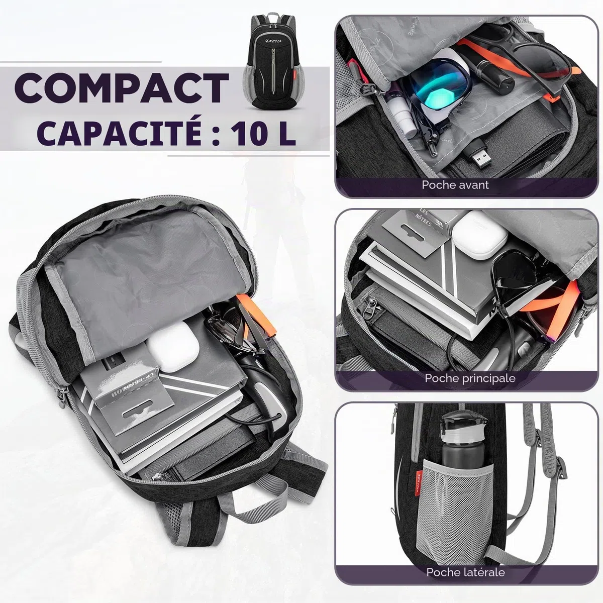 ZOMAKE 10 L Petit Pliable Ultra Léger Sac à Dos pour Randonnée Voyage,Mini Sac a Dos de Jour pour Femme Homme Enfant(Noir)