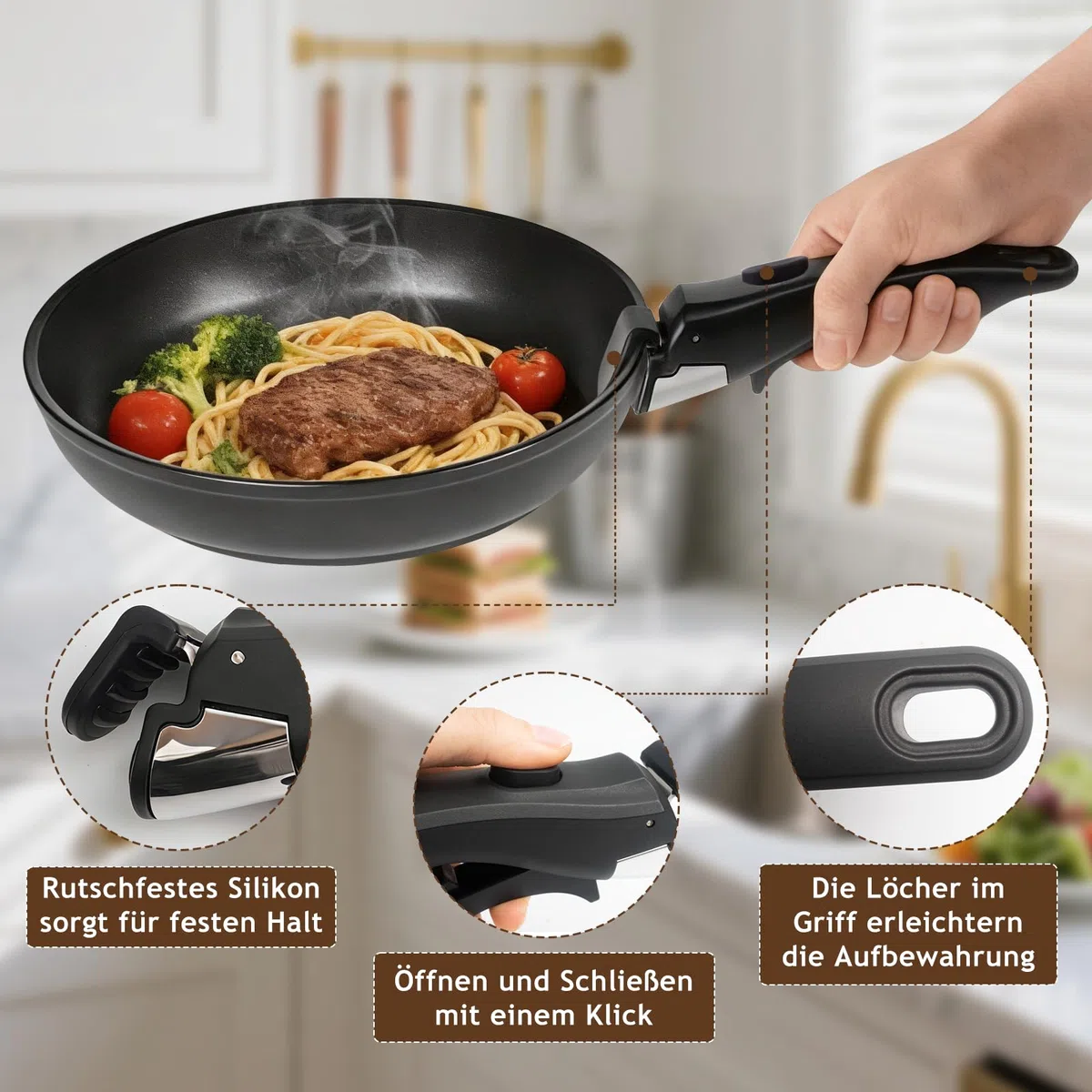 Poignée de poêle amovible - Capacité de charge de 10 kg - Poignées de casserole en bakélite - Montage à encliquetage antidérapant - Remplacement universel pour cuisine, camping-car, camping