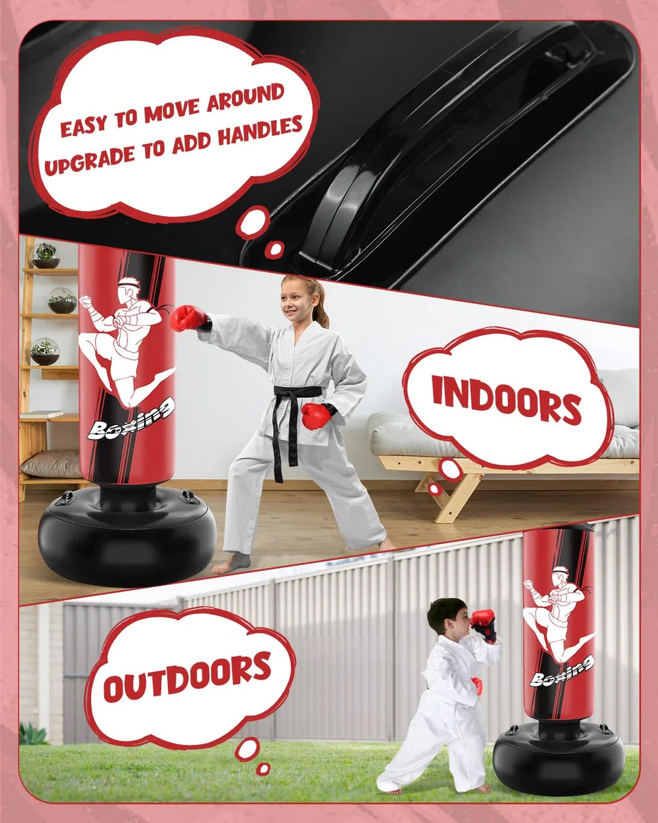 NZQXJXZ Sac de Frappe 165cm Gonflable pour Enfants avec Gants de Sac de Boxe Enfants pour la Pratique du MMA, du Karaté, du Taekwondo et pour soulager l'énergie de la Pentecôte