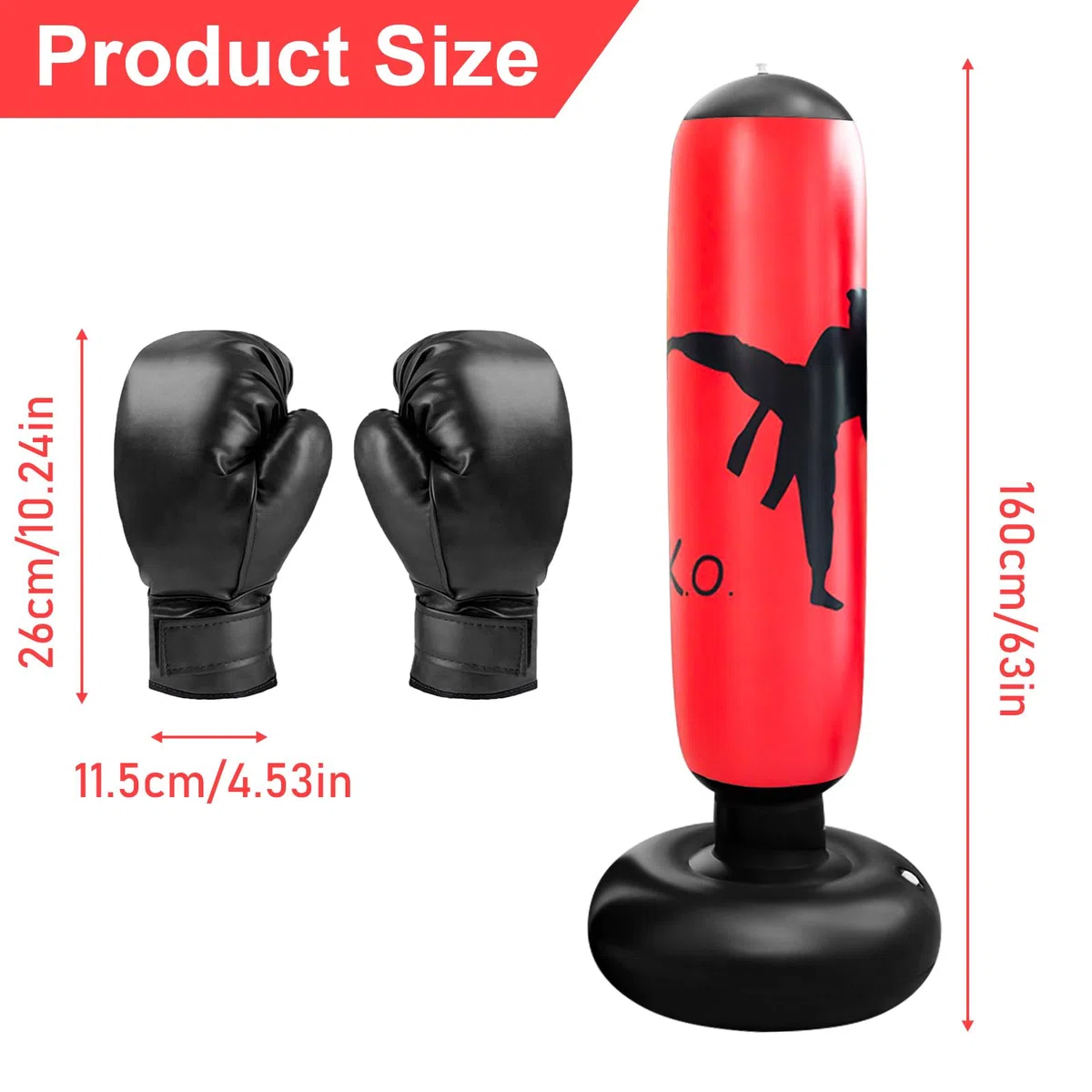 Sac de frappe pour enfants, 160 cm, sac de frappe pour enfants debout, avec gants de boxe, sac de frappe gonflable pour l'intérieur, l'extérieur, la gym à partir de 3 à 12 ans, pour garçons et filles
